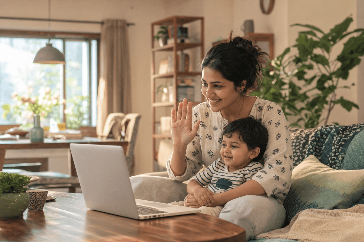 A mother and child using an online medical consultation