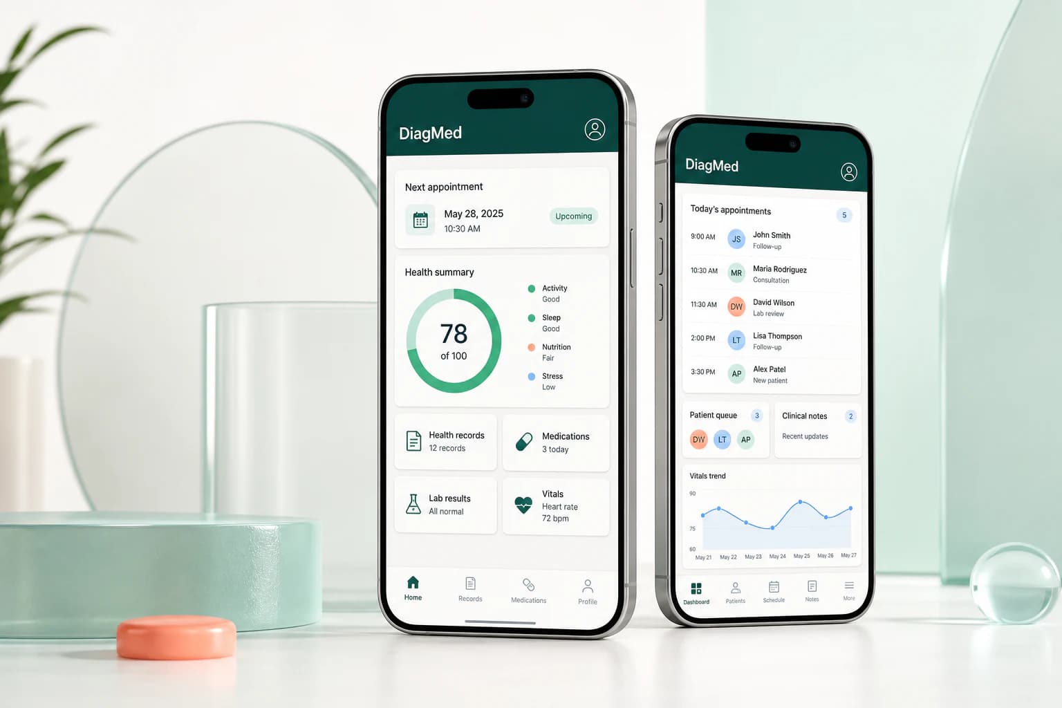Two phones displaying the DiagMed patient health dashboard and doctor clinical dashboard